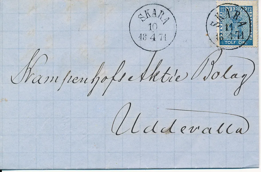 F9 12 öre blå på inrikes brev med sidostämpel dagen före brevet skickades från SKARA 11.4.1871