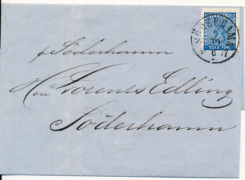 F9 12 öre blå Vapen enligt innehåll skickat från Stockholm den 28 juni 1867 men makulerat först vid ankomst till SÖDERHAMN 30.9.1867. Ovanligt objekt!