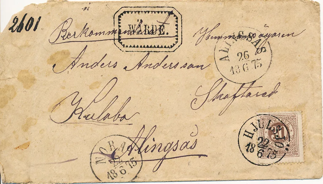 F25 30 öre Ringtyp t.14 på rekommenderat brev till Alingsås från HJULSJÖ 22.6.1875