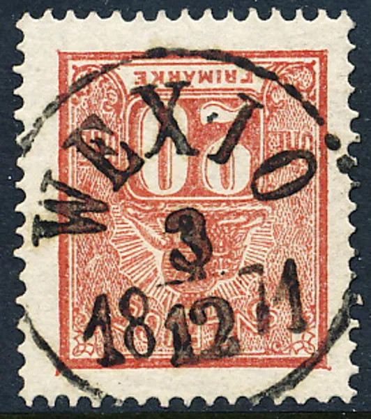 F16  20 öre röd Liggande Lejon WEXIÖ 3.12.1871  Härlig prakt/lyxstämpel....men på omvänt märke