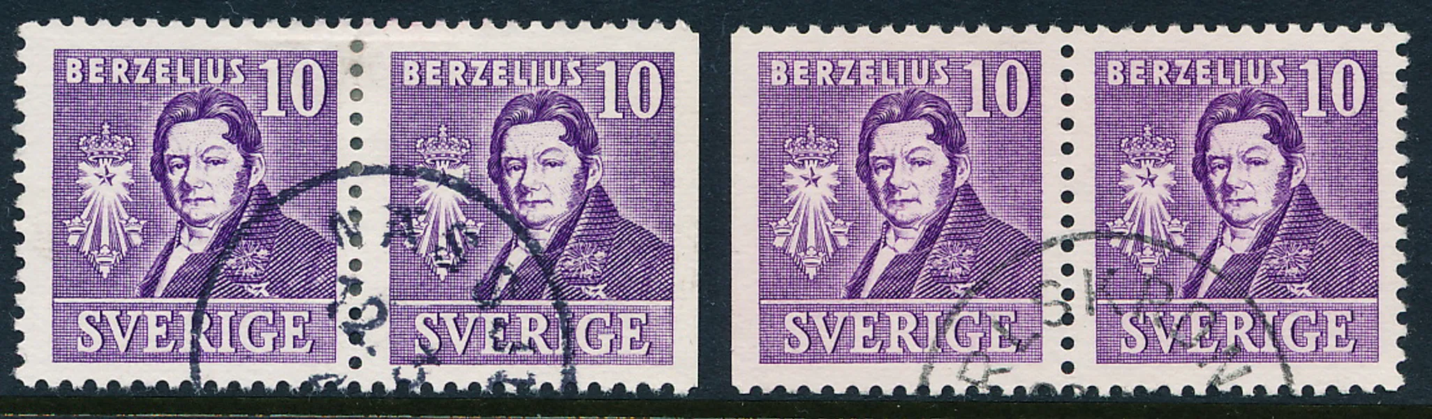 F320 10 öre Berzelius med båda paren 4+3 och 3+4 stämplade