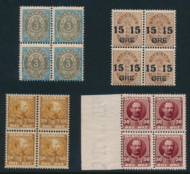 DANMARK Fyra postfriska 4-block bl.a. F28 och F74