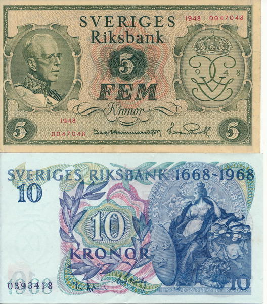 Jubileumssedlar 5 och 10 kr 1948 & 1968